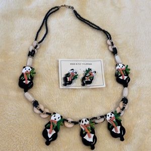 Handmade Panda 🐼 Jewelry Necklace + Earrings Set